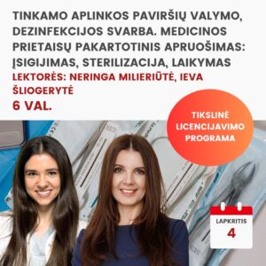 Hibridinis seminaras TINKAMO APLINKOS PAVIRŠIŲ VALYMO, DEZINFEKCIJOS SVARBA. MEDICINOS PRIETAISŲ PAKARTOTINIS APRUOŠIMAS: ĮSIGIJIMAS, STERILIZACIJA, LAIKYMAS. 2026.11.04